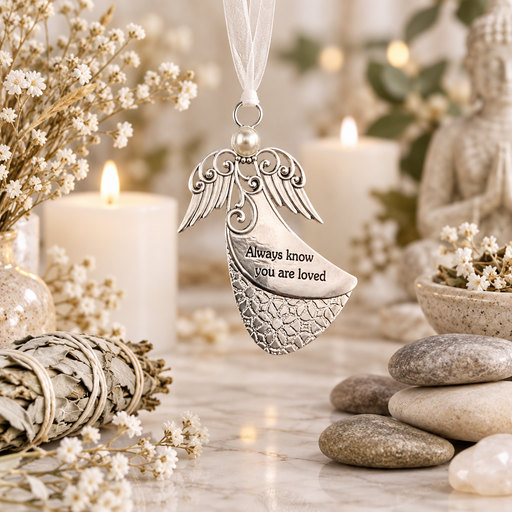 An engraved silver angel-shaped hanging ornament with the words 'Always know you are loved' on a white ribbon, styled on a marble surface with candles, dried flowers, stones, and a serene background.