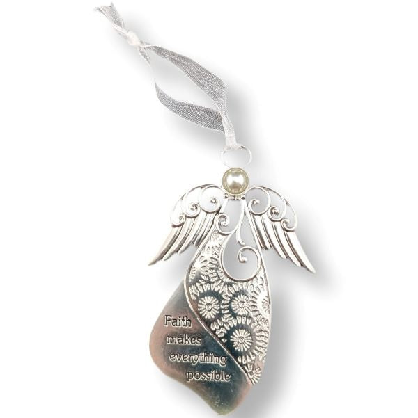 Silver angel ornament with engraved floral wing pattern, a pearl accent, and a hanging tag that reads 'Faith makes everything possible,' suspended from a white ribbon on a white background.