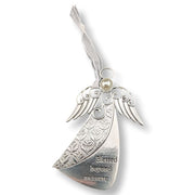 Silver angel-shaped ornament with engraved wings, a small pearl-like bead at the top, and the words 'Blessed beyond measure' on a white background.