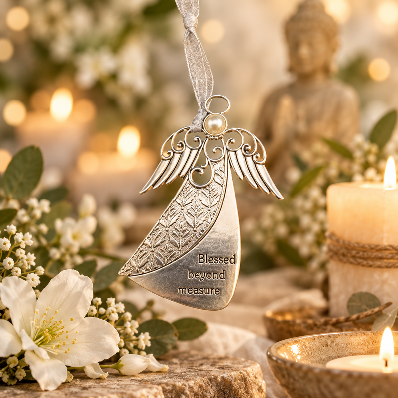 A silver angel wing hanging ornament with a pearl accent and engraved text reading 'Blessed beyond measure,' styled among white flowers, candles, and a softly blurred Buddha statue in the background.