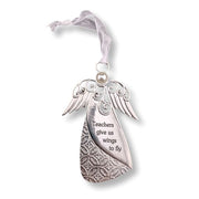 A silver angel-shaped hanging ornament with engraved text reading 'Teachers give us wings to fly' on one wing, a textured pattern on the other wing, a small pearl bead at the top, and a sheer white ribbon for hanging.