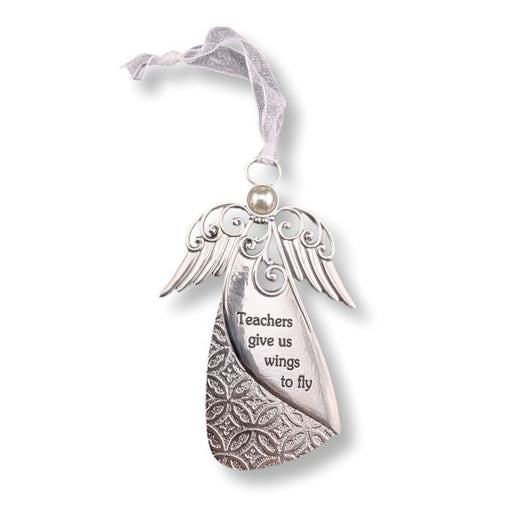 A silver angel-shaped hanging ornament with engraved text reading 'Teachers give us wings to fly' on one wing, a textured pattern on the other wing, a small pearl bead at the top, and a sheer white ribbon for hanging.