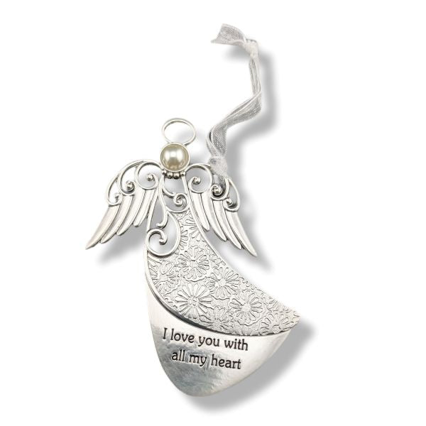Silver crescent moon angel ornament with engraved floral patterns, a hanging loop, and the engraved message 'I love you with all my heart' on a white background.