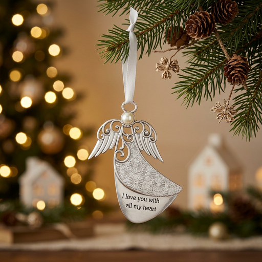 A silver crescent moon angel Christmas ornament hanging from a pine branch, with a white ribbon loop and the engraved message 'I love you with all my heart.' The background shows a softly blurred holiday tree and warm lights.
