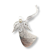 Silver angel ornament with engraved wings and the phrase 'The love between Sisters is forever' on a white background.