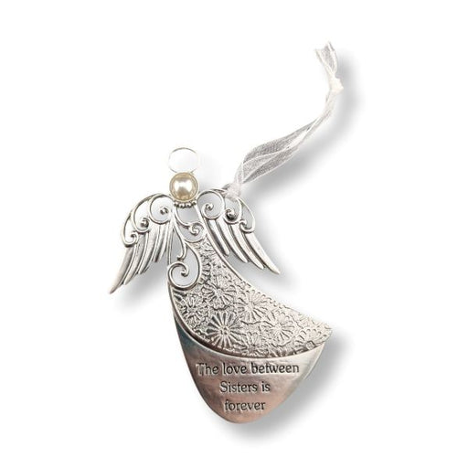 Silver angel ornament with engraved wings and the phrase 'The love between Sisters is forever' on a white background.