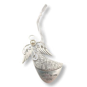 A silver angel-shaped prayer ornament with engraved floral patterns and the text 'I said a prayer for you today,' hanging from a white cord with a small pearl accent.