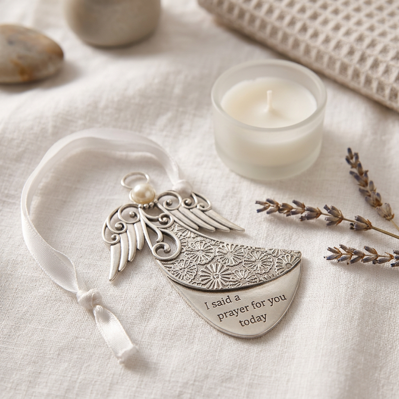 Silver angel-shaped ornament with engraved details, a white pearl accent, and a white ribbon loop, resting on a textured cream linen surface next to a small white candle, dried lavender, and smooth stones.