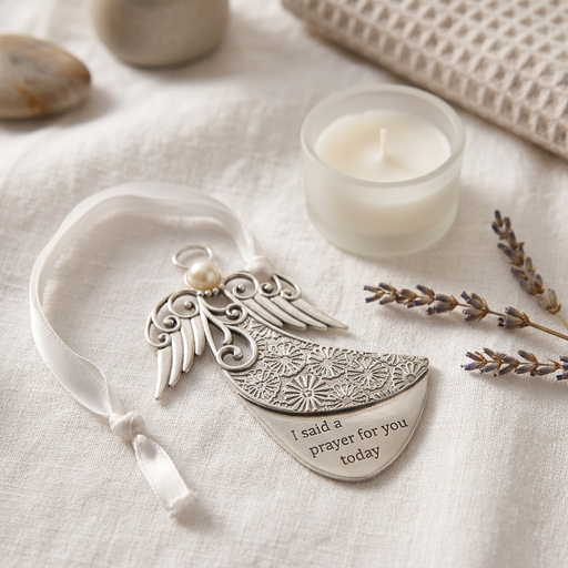 Silver angel-shaped ornament with engraved details, a white pearl accent, and a white ribbon loop, resting on a textured cream linen surface next to a small white candle, dried lavender, and smooth stones.