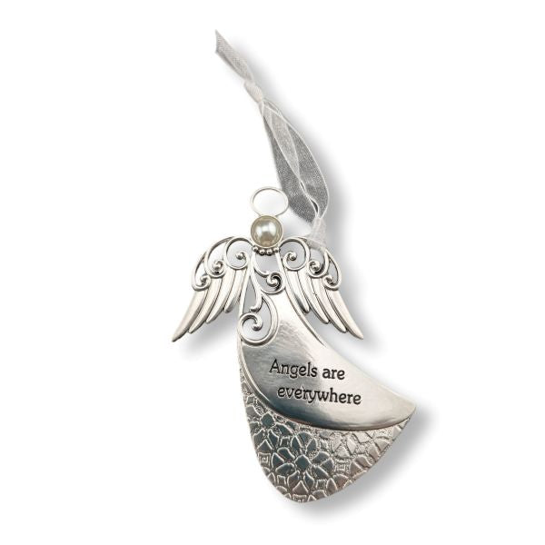 A silver angel-shaped ornament with engraved wings, a small pearl accent, and the text 'Angels are everywhere' on a white background.