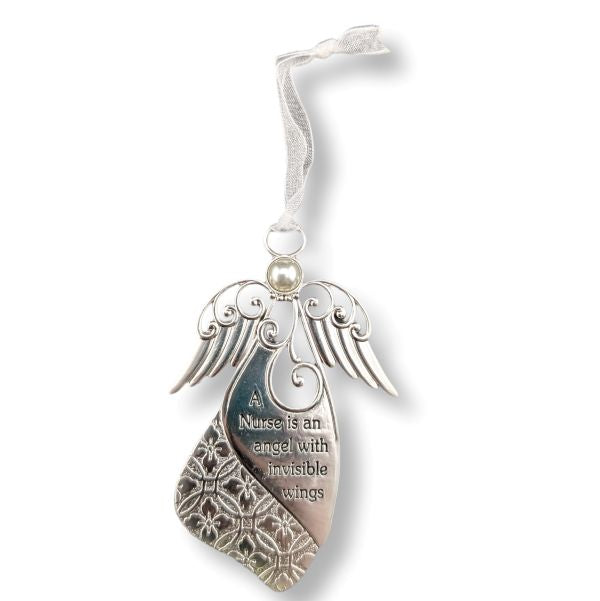 A silver angel ornament with a hanging ribbon, featuring a central heart-shaped plaque engraved with the words 'A Nurse is an angel with invisible wings' and a patterned lower section.