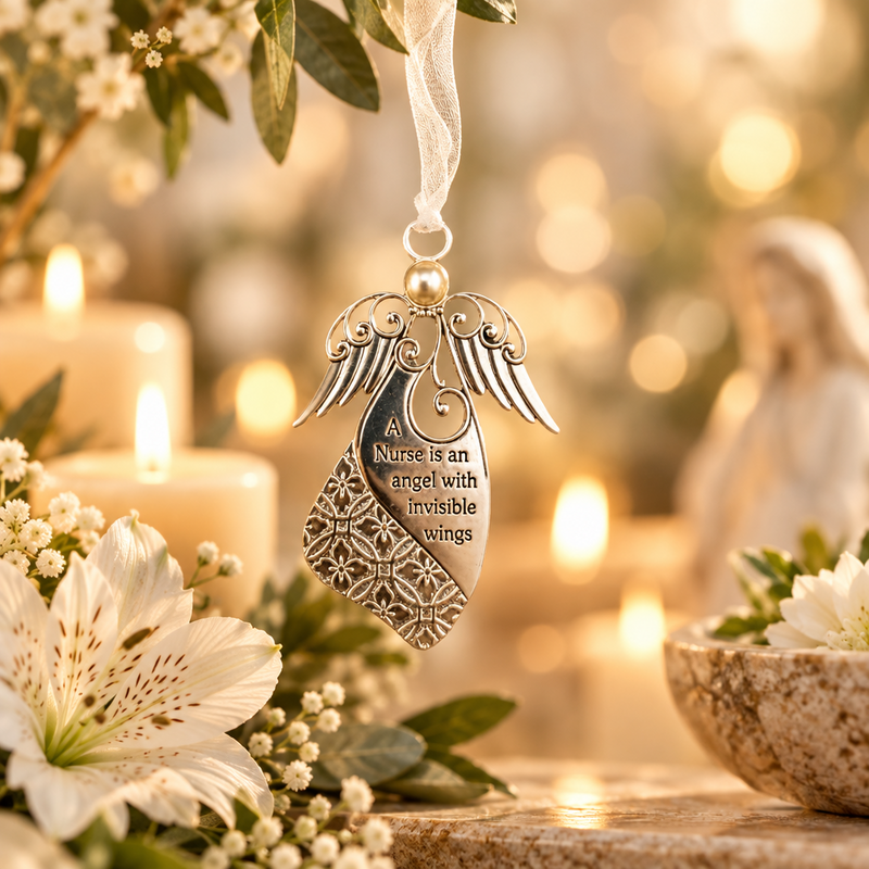 A silver angel-shaped hanging ornament with engraved text reading 'A Nurse is an angel with invisible wings,' suspended by a white ribbon in a softly blurred candlelit setting with flowers and a statue in the background.