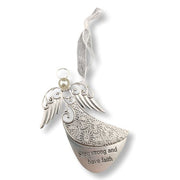 A silver angel-shaped memorial ornament with engraved floral patterns, the words 'Stay strong and have faith' on the lower section, a small pearl bead at the top, and a white ribbon loop for hanging.