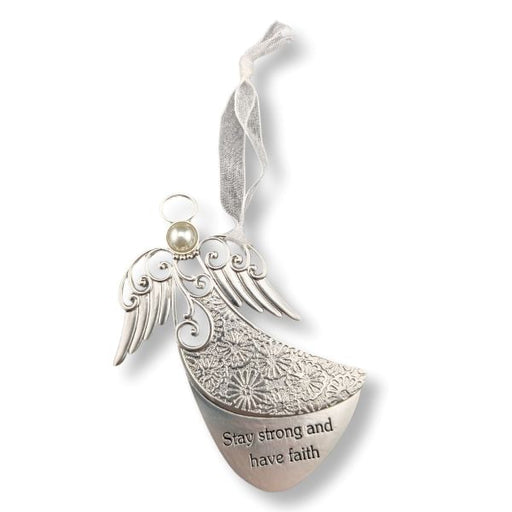 A silver angel-shaped memorial ornament with engraved floral patterns, the words 'Stay strong and have faith' on the lower section, a small pearl bead at the top, and a white ribbon loop for hanging.
