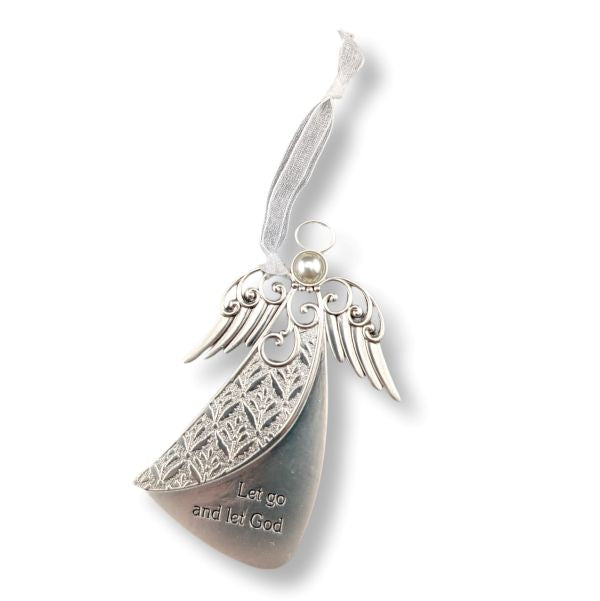 A silver angel-shaped hanging ornament with engraved text reading 'Let go and let God' on the lower section, a small pearl-like bead at the top, and a white ribbon loop for hanging, shown on a plain white background.