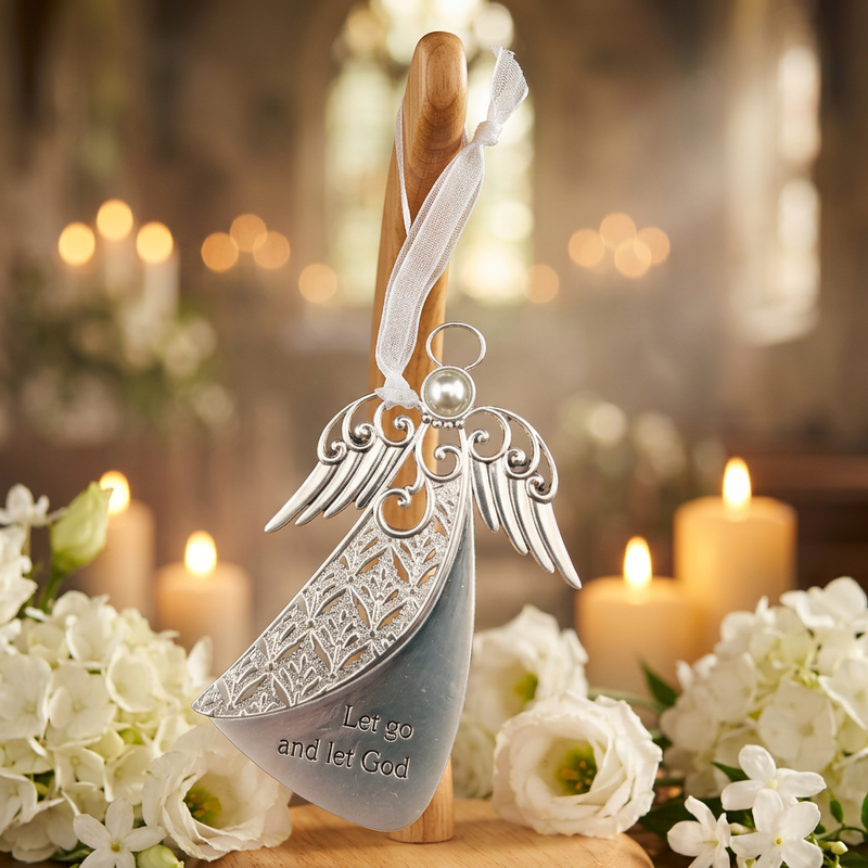 A silver angel-shaped hanging ornament with engraved wings and the words 'Let go and let God' on the body, suspended from a wooden stand with a white ribbon. The ornament is photographed in a softly blurred indoor setting with candles and white flowers around it.