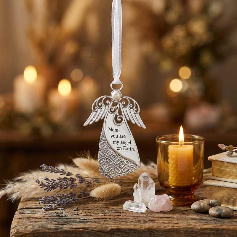 Silver angel ornament with engraved text reading 'Mom, you are my angel on Earth.' and a white ribbon loop, shown on a white background.
