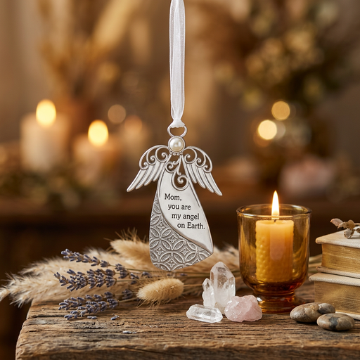Silver angel ornament with engraved text reading 'Mom, you are my angel on Earth.' and a white ribbon loop, shown on a white background.