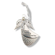 Silver angel wing hanging ornament with engraved text reading 'A friend like you is precious and few' on a white background.