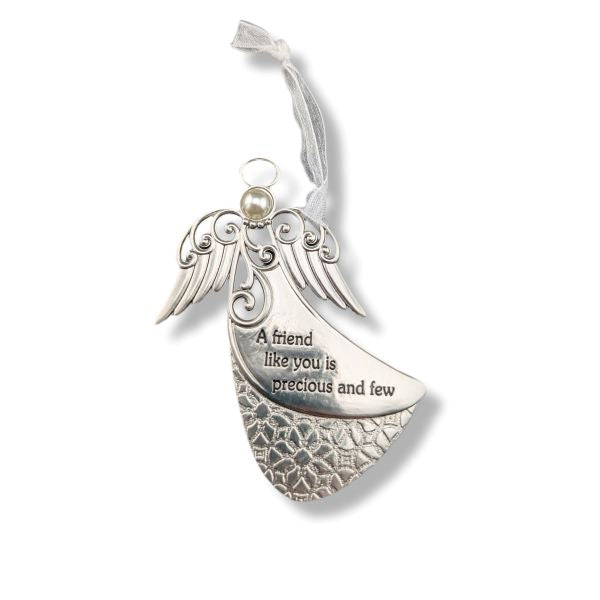 Silver angel wing hanging ornament with engraved text reading 'A friend like you is precious and few' on a white background.