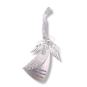 A silver angel-shaped keepsake ornament with engraved wings, a small pearl bead, and a hanging ribbon. The ornament features the engraved message, 'Grandma, I am blessed to have you.
