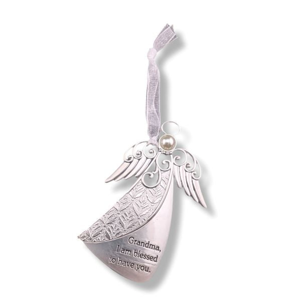 A silver angel-shaped keepsake ornament with engraved wings, a small pearl bead, and a hanging ribbon. The ornament features the engraved message, 'Grandma, I am blessed to have you.