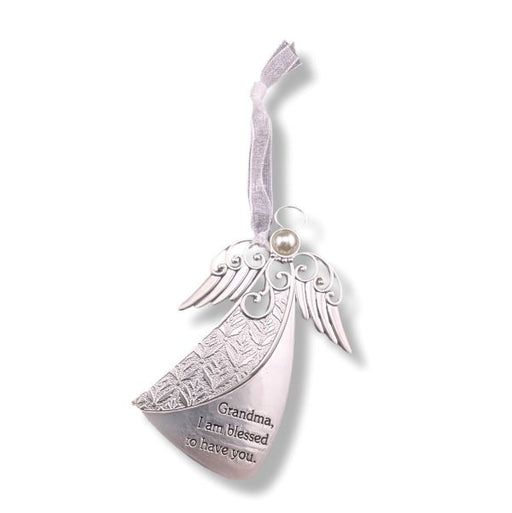 A silver angel-shaped keepsake ornament with engraved wings, a small pearl bead, and a hanging ribbon. The ornament features the engraved message, 'Grandma, I am blessed to have you.
