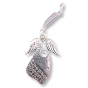 Silver angel ornament with engraved wings, a pearl accent, and the phrase 'Your friendship is blessing' on a white background with a light purple ribbon.