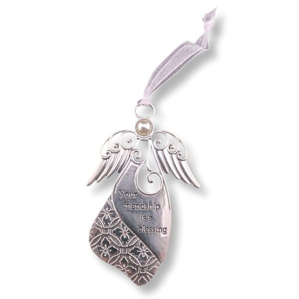 Silver angel ornament with engraved wings, a pearl accent, and the phrase 'Your friendship is blessing' on a white background with a light purple ribbon.