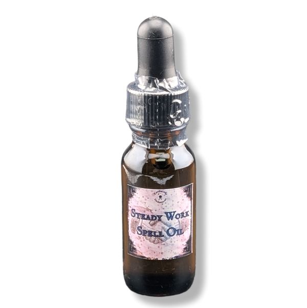 A small amber glass dropper bottle labeled 'Steady Work Spell Oil' with a black rubber dropper cap and a pink-and-white label, shown on a white background.