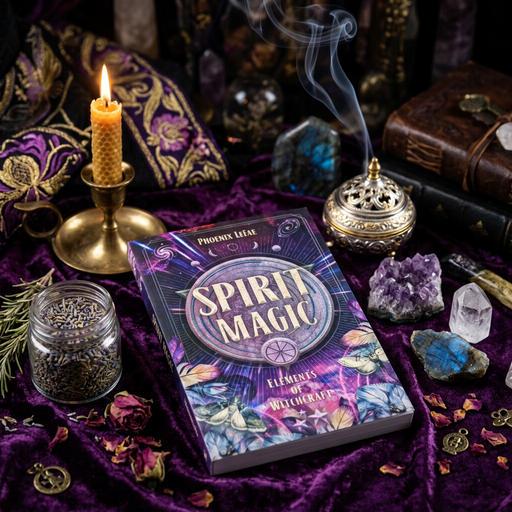 A styled flat-lay of the book 'Spirit Magic: Elements of Witchcraft' by Phoenix Leaf, surrounded by mystical props including a burning candle, an incense burner with smoke, crystals, dried flowers, and a glass jar of lavender on a purple velvet cloth.