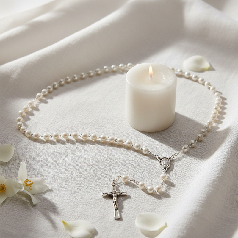 A pearl rosary necklace with a silver crucifix pendant is arranged on draped white fabric beside a lit white candle, with a few white flower petals around it.