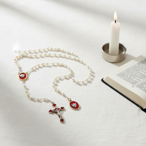 A pearl rosary with red and gold religious medallions and a cross, arranged on a white fabric surface beside an open book and a lit white candle in a metal holder.