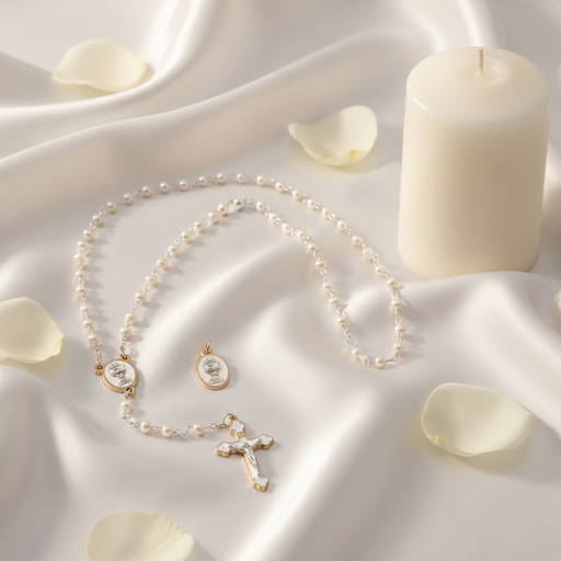 A white pearl rosary with gold-tone metal details, including a centerpiece medallion and a crucifix, arranged on draped white satin fabric with scattered cream flower petals and a white pillar candle in the background.