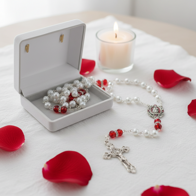 A rosary with white pearl-like beads and red accent beads is displayed beside an open white jewelry box containing a matching rosary. Red rose petals are scattered around on a white cloth, with a lit candle in the background.