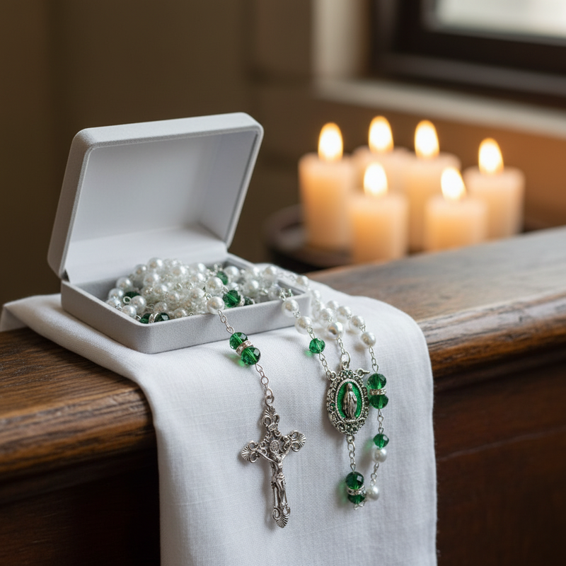 7mm Rosary Glass Pearl & Emerald Boxed