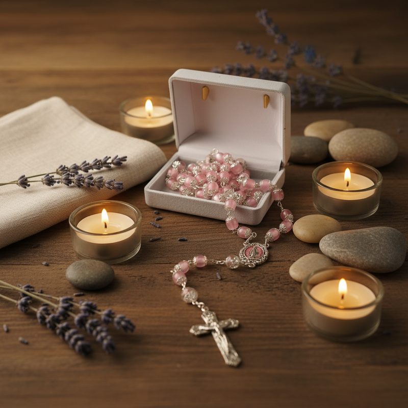 A pink beaded rosary with a silver crucifix is displayed in an open white jewelry box on a wooden surface, surrounded by lit tealight candles, smooth stones, and dried lavender sprigs.