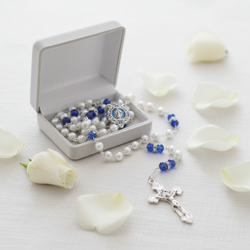 A silver and blue beaded rosary with a Virgin Mary medallion and crucifix, displayed next to an open white jewelry box on a white surface with scattered white rose petals.