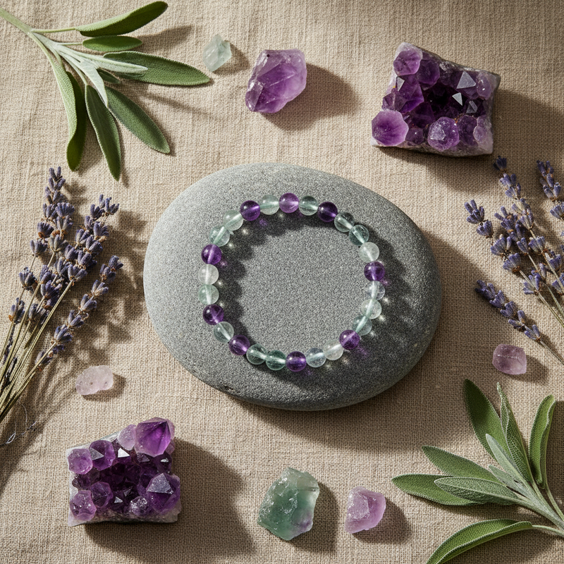 A beaded bracelet made of alternating translucent light green and deep purple beads, displayed on a smooth gray stone. The stone is set against a textured beige linen background and surrounded by decorative natural elements including lavender sprigs, green leaves, and purple crystal clusters.