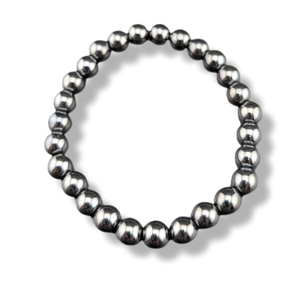 Hematite beaded bracelet on a white background