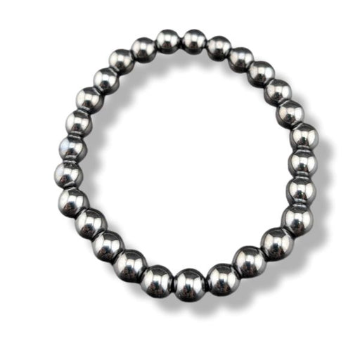 Hematite beaded bracelet on a white background