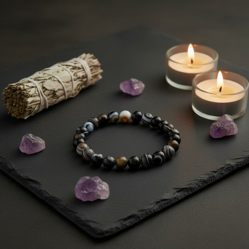 A beaded bracelet made of polished black, gray, and white marbled stones is displayed on a dark slate tray, surrounded by purple amethyst crystals, a white sage smudge bundle, and two lit tealight candles.