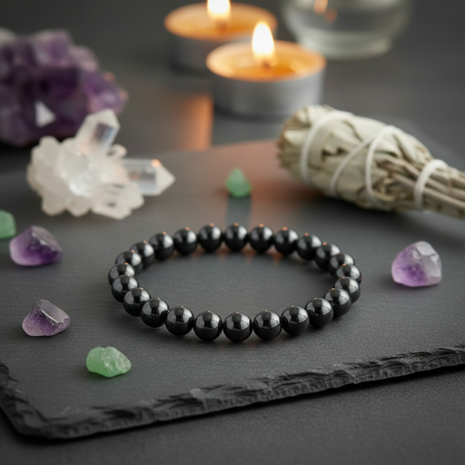 A black beaded bracelet made of polished round beads, displayed on a dark slate tray with purple and green crystals, a white sage bundle, and lit candles in the background.