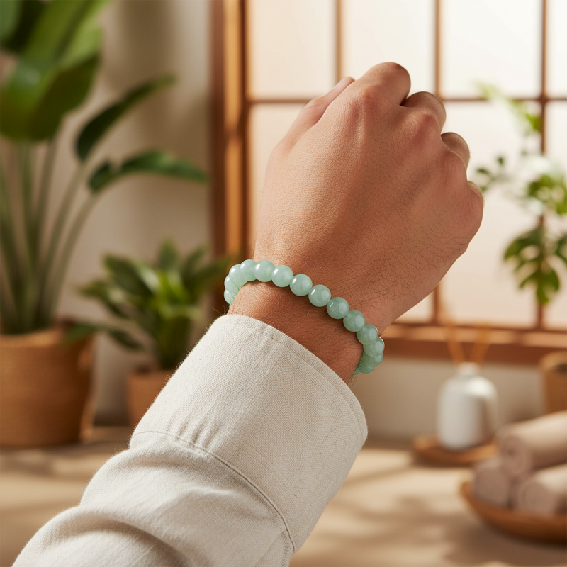 A person's hand and wrist wearing a light mint green beaded bracelet, shown in a warm, softly lit indoor setting with plants and a window in the background.