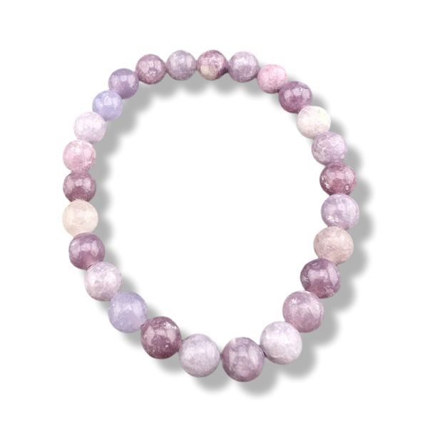 Pink and purple beaded bracelet on a white background