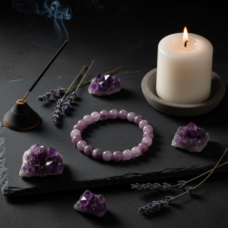 A pink and purple lepidolite beaded bracelet is displayed on a dark slate tray, surrounded by purple crystal clusters, dried lavender sprigs, a smoking incense burner, and a lit white pillar candle on a dark background.