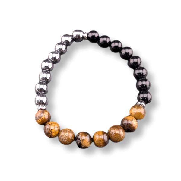 Beaded bracelet with hematite, black, and brown beads on a white background