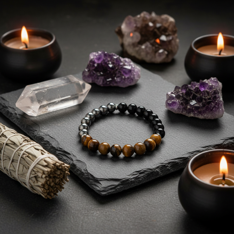 A beaded bracelet made of alternating black and brown tiger's eye beads sits on a dark slate tray, surrounded by crystals, a smudge bundle, and lit candles in black holders.