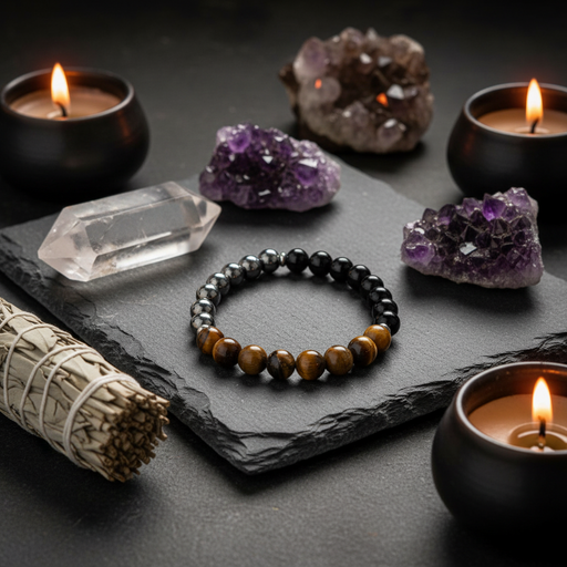 A beaded bracelet made of alternating black and brown tiger's eye beads sits on a dark slate tray, surrounded by crystals, a smudge bundle, and lit candles in black holders.