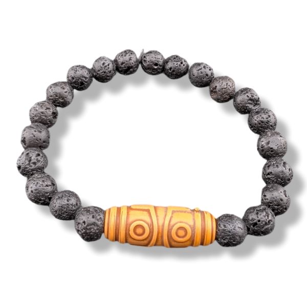 Bracelet with dark beads and a central orange and yellow bead on a white background